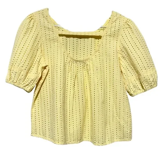 New Loft Eyelet Cutout Back Bubble Sleeve Top Butter Yellow - Picture 3 of 14